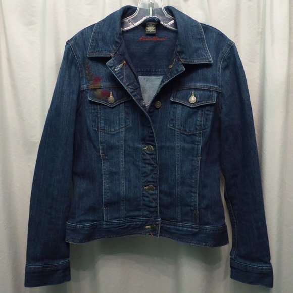 Womens Stretch Denim Floral Embroidered Jean Jacket - Picture 2 of 10